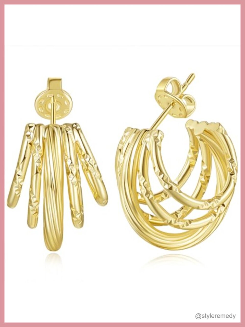 14k Gold Plated Textured Hoop Earrings French Wire Five-Circle Design